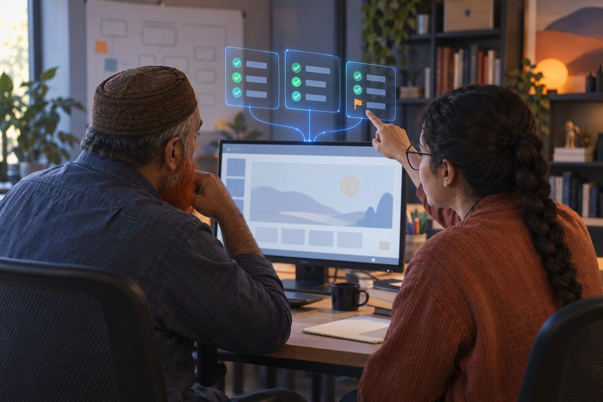 Illustrative photo: the GS Code Reviewer at work for two members of a small game studio, laying out results as blue panels above a monitor.