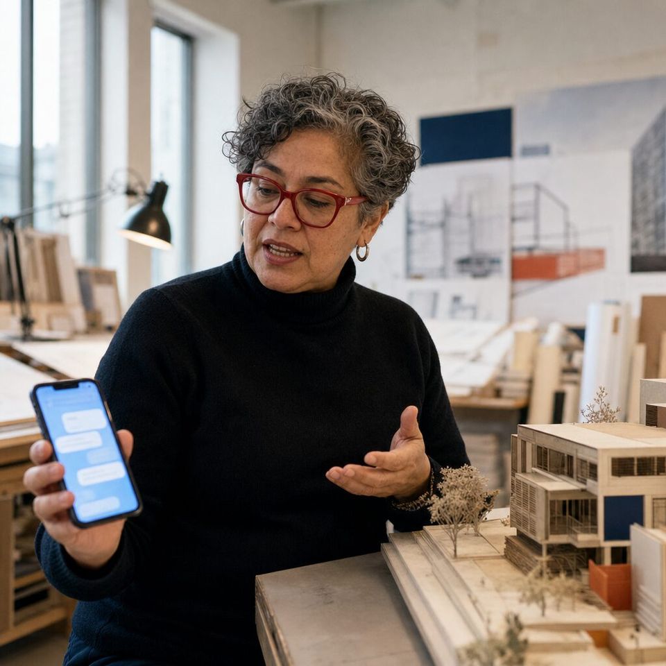Illustrative photo: the IT manager at an architecture practice asks the Google Cloud Admin for help from their phone.