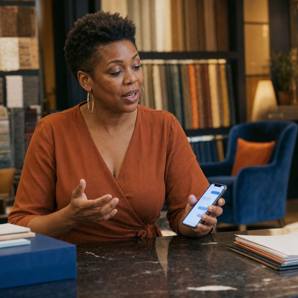 Illustrative photo: the office manager of an interior-design studio asks the Google Workspace Admin for help from their phone.