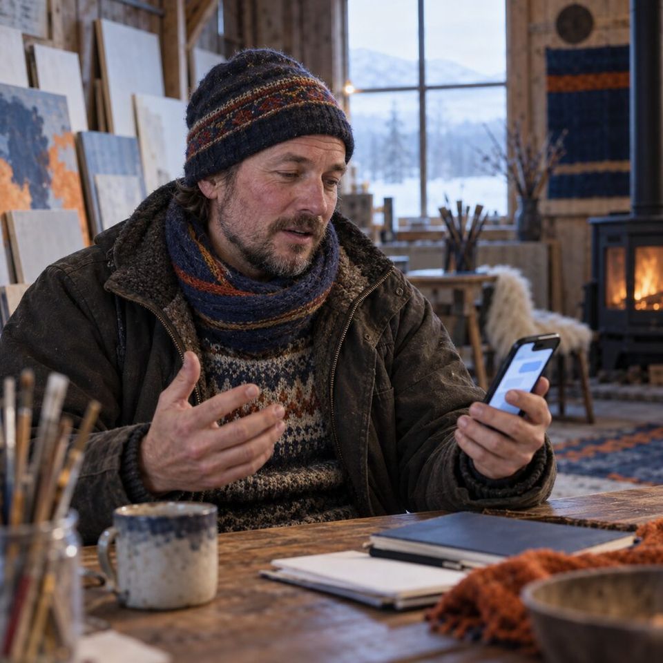 Illustrative photo: the director of a small rural arts charity asks the Grant & Funding Finder for help from their phone.
