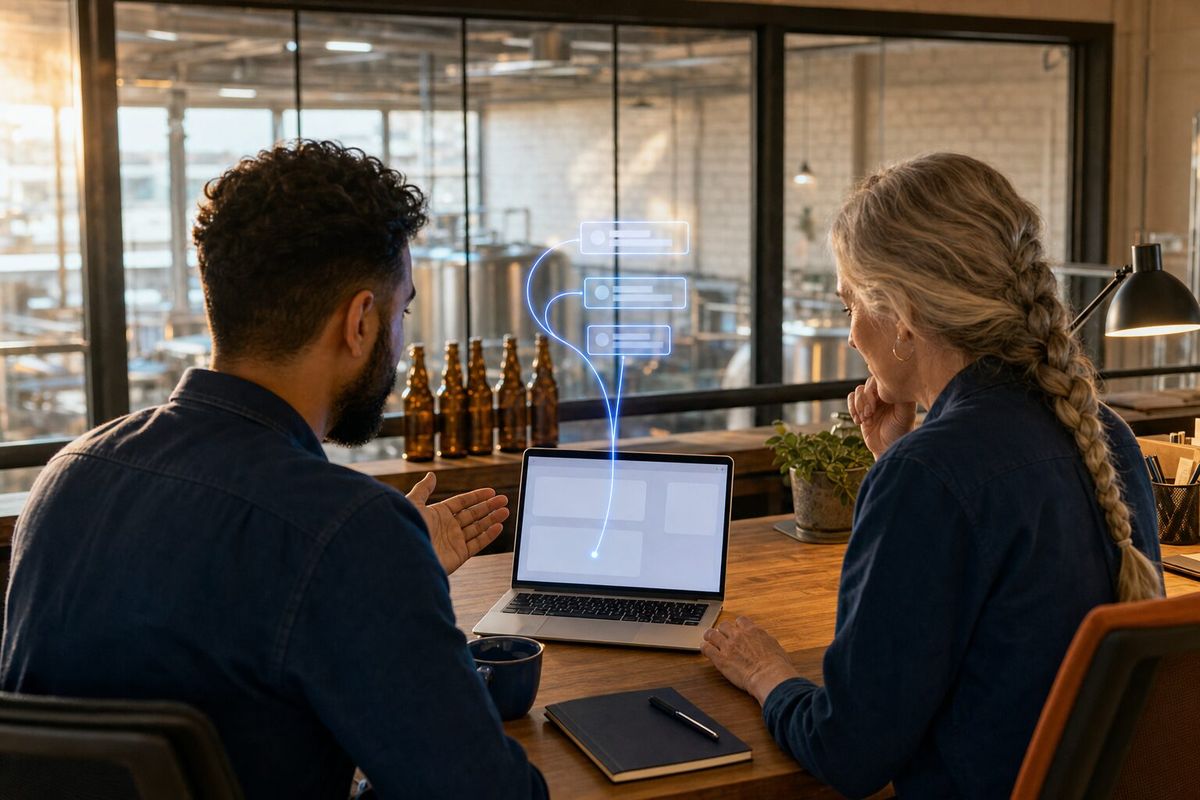 Illustrative photo: the HQ Liaison at work for the office team at a craft brewery, laying out results as blue panels above a laptop.