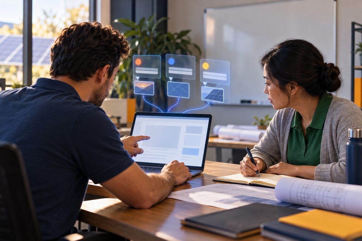 Illustrative photo: HubSpot Expert at work for the sales lead of a small solar installation company and the office manager, laying out results as blue panels above a laptop.