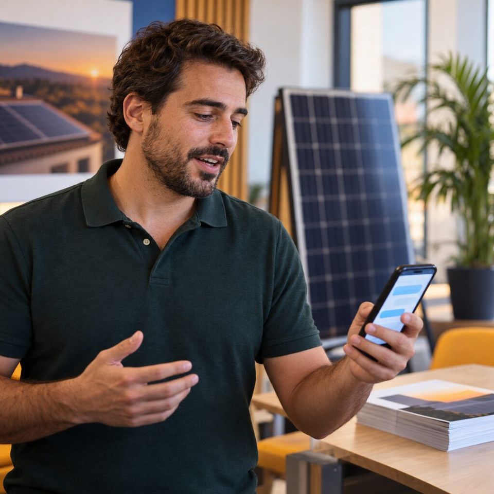 Illustrative photo: the sales lead of a small solar installation company asks HubSpot Expert for help from their phone.