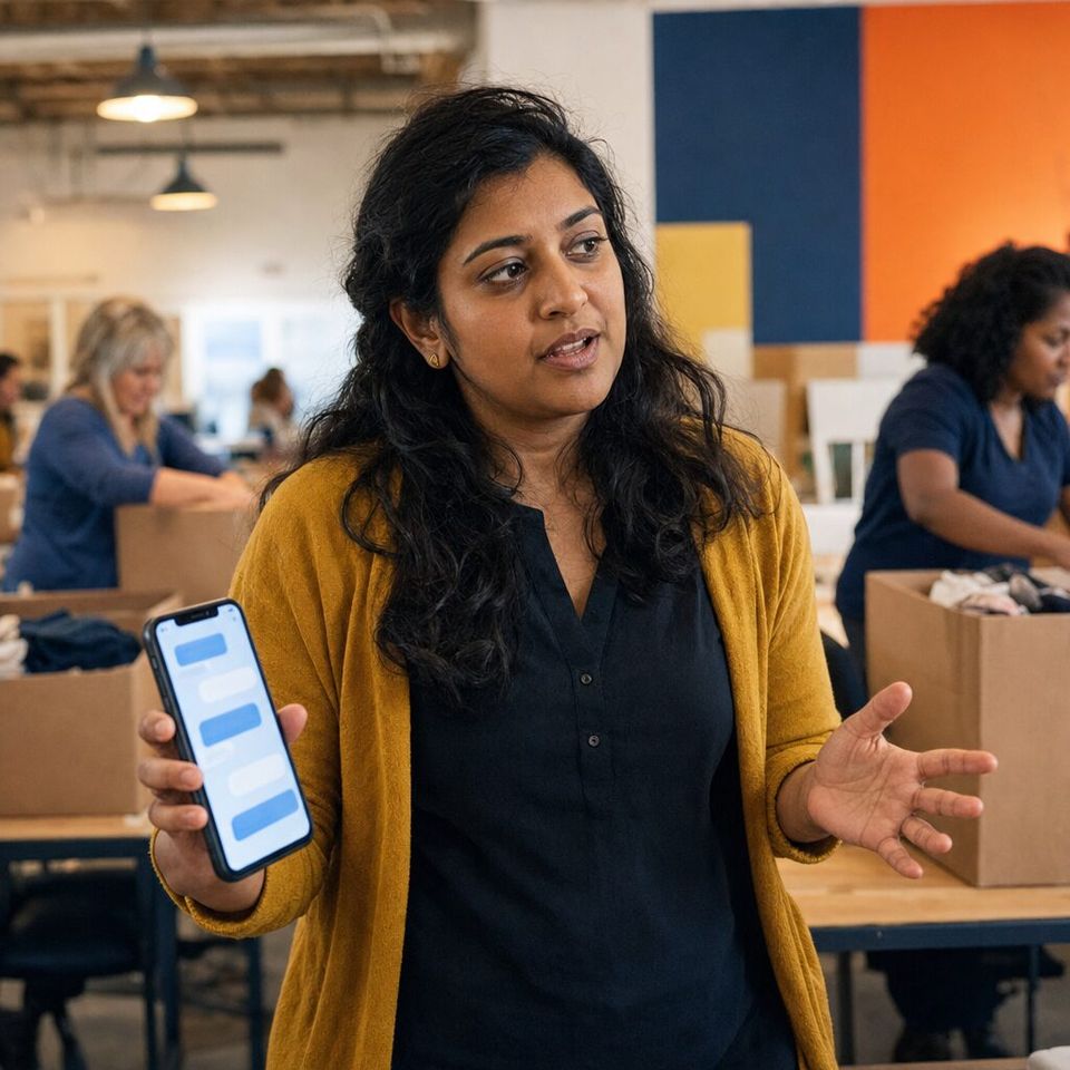 Illustrative photo: the operations manager of a regional charity asks the Human-in-the-loop Manager for help from their phone.