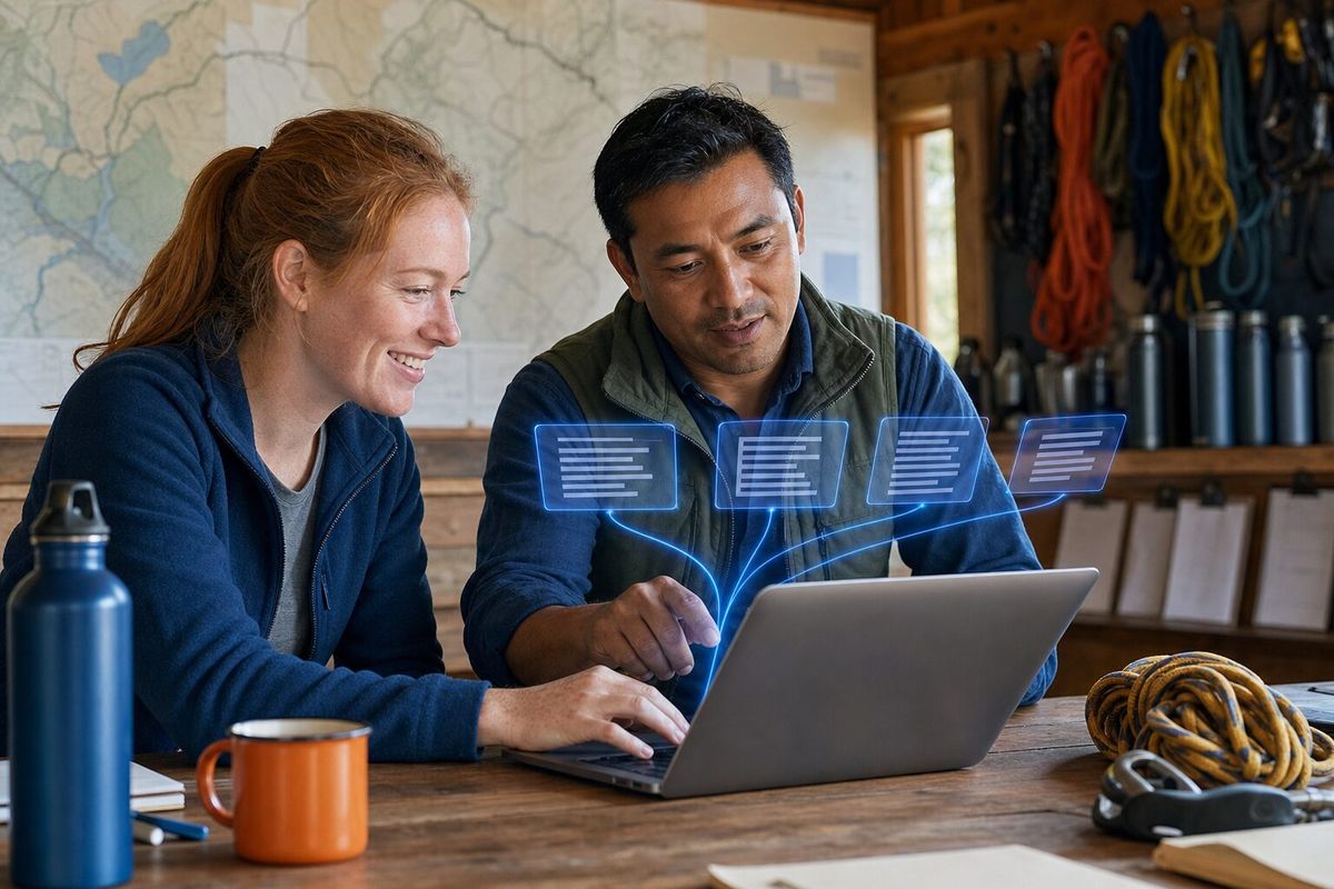 Illustrative photo: the Idea Organizer at work for the owner and lead guide of a small adventure-tour company, laying out results as blue panels above a laptop.