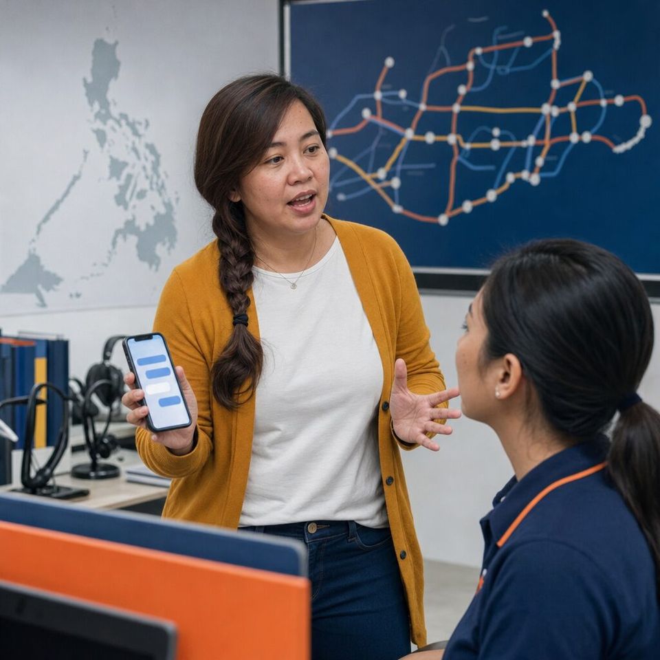 Illustrative photo: the owner of a small online bus-ticketing company asks the Incident Commander for help from their phone.