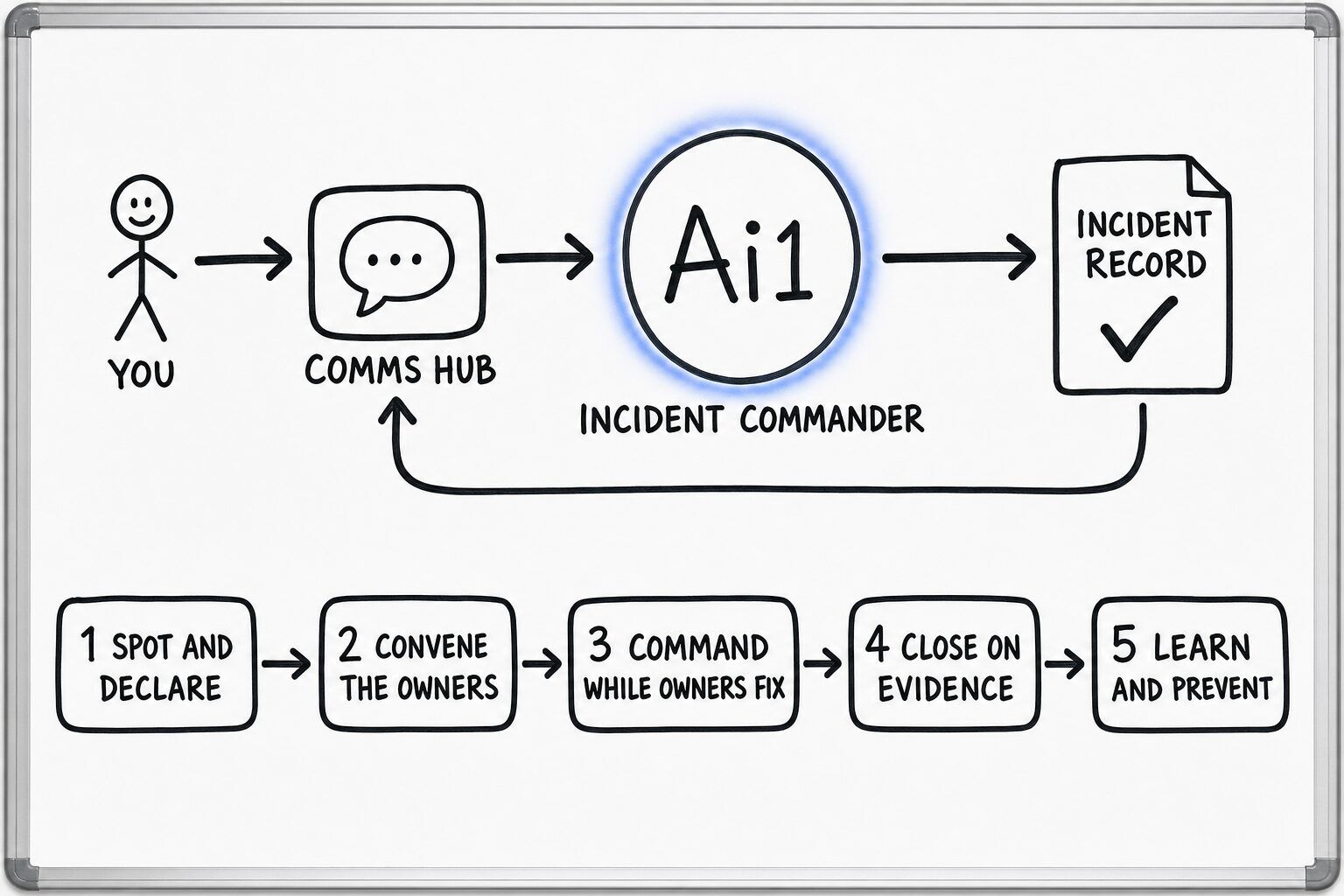 How the Incident Commander works: you ask through the Comms Hub and Ai1 runs the steps: spot and declare, convene the owners, command while owners fix, close on evidence and learn and prevent. It returns a incident record.