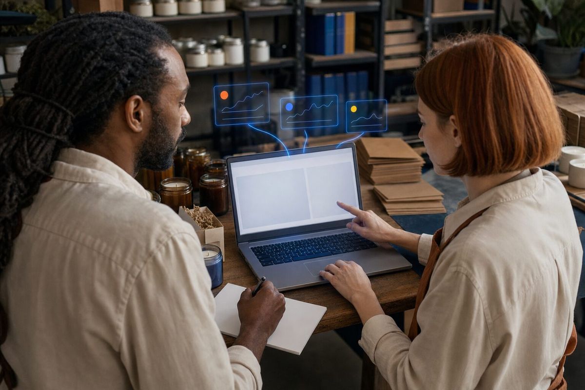 Illustrative photo: the Integrations Manager at work for the owner and fulfilment coordinator of a small online candle shop, laying out results as blue panels above a laptop.