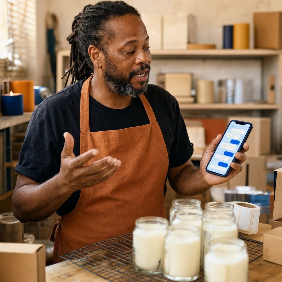 Illustrative photo: the owner of a small online candle shop asks the Integrations Manager for help from their phone.