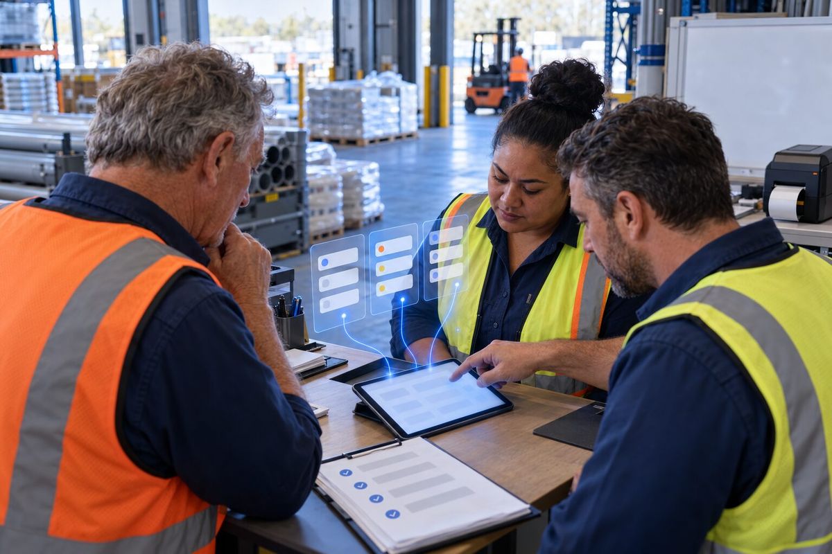 Illustrative photo: the Inventory Lead at work for the owner, warehouse lead and buyer of a regional plumbing-supplies distributor, laying out results as blue panels above a tablet.