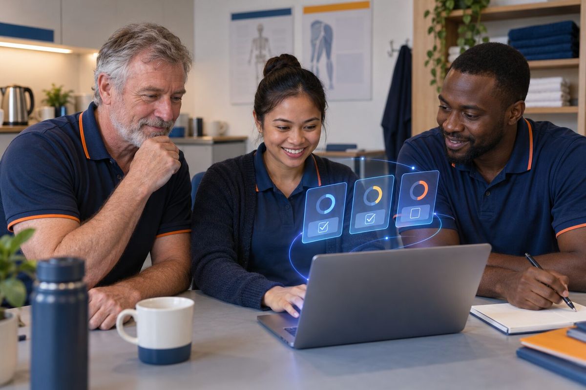 Illustrative photo: the IT Help Desk at work for the physiotherapists and receptionist of a small physiotherapy clinic, laying out results as blue panels above a laptop.