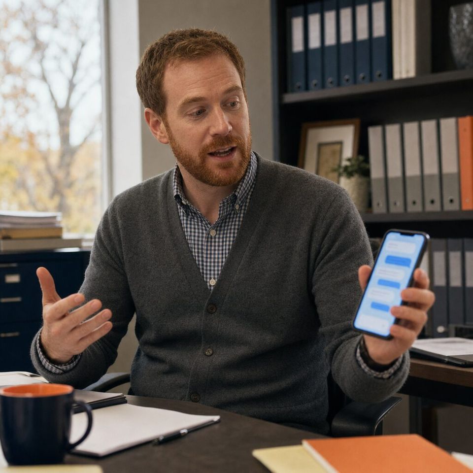 Illustrative photo: the operations partner at an accounting firm exploring new AI services asks the Jev Manager for help from their phone.