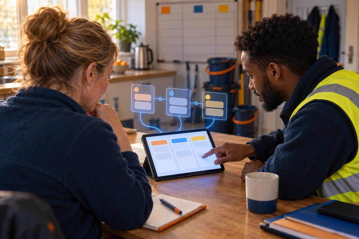 Illustrative photo: Jobber Expert at work for the owner of a small window cleaning company and her crew lead, laying out results as blue panels above a tablet.
