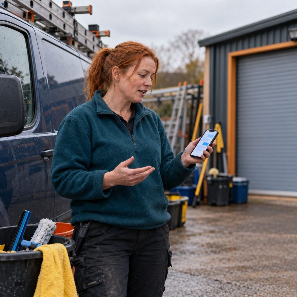 Illustrative photo: the owner of a small window cleaning company asks Jobber Expert for help from their phone.