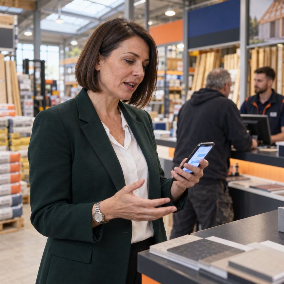 Illustrative photo: the marketing manager of a regional building-materials merchant asks the Landing Page Builder for help from their phone.