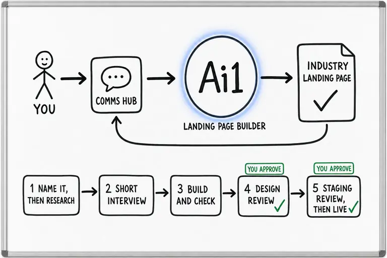 Diagram of the Landing Page Builder's five stages: name it, then research; short interview; build and check; design review; and staging review, then live. Your approval is marked at both reviews.
