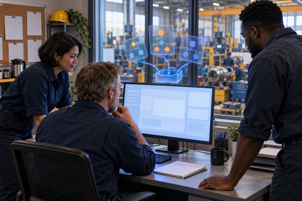 Illustrative photo: the Lead Automation Operator at work for a small equipment repair company, with new lead cards arriving above a monitor