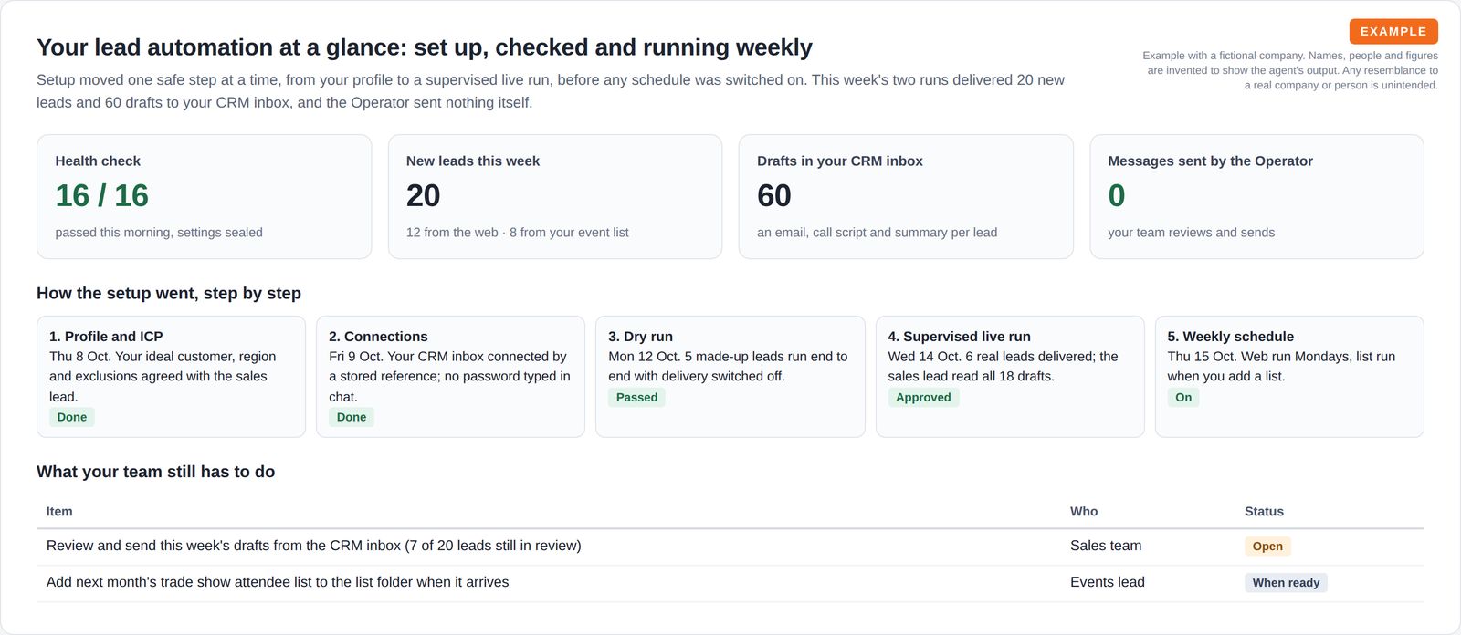 Four summary tiles showing a 16 of 16 health check, 20 new leads, 60 drafts in the CRM inbox and 0 messages sent by the agent, above five setup steps with dates and a short list of what the team still has to do.