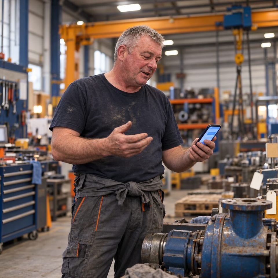 Illustrative photo: the owner of a small industrial-equipment repair company asks the Lead Automation Operator for help from their phone.