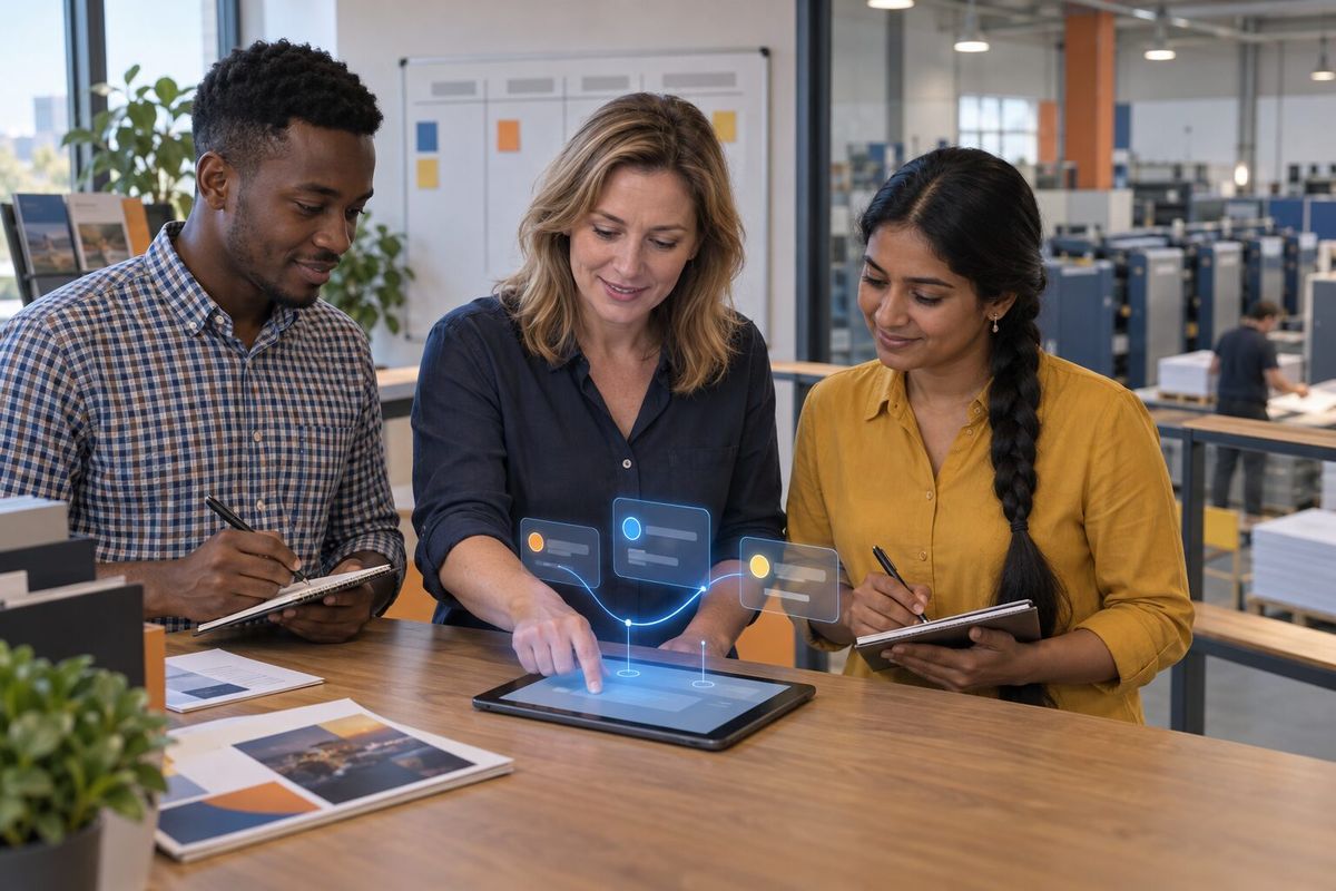 Illustrative photo: the Lead Prioritizer at work for the sales lead and reps of a small commercial-printing company, laying out results as blue panels above a tablet.