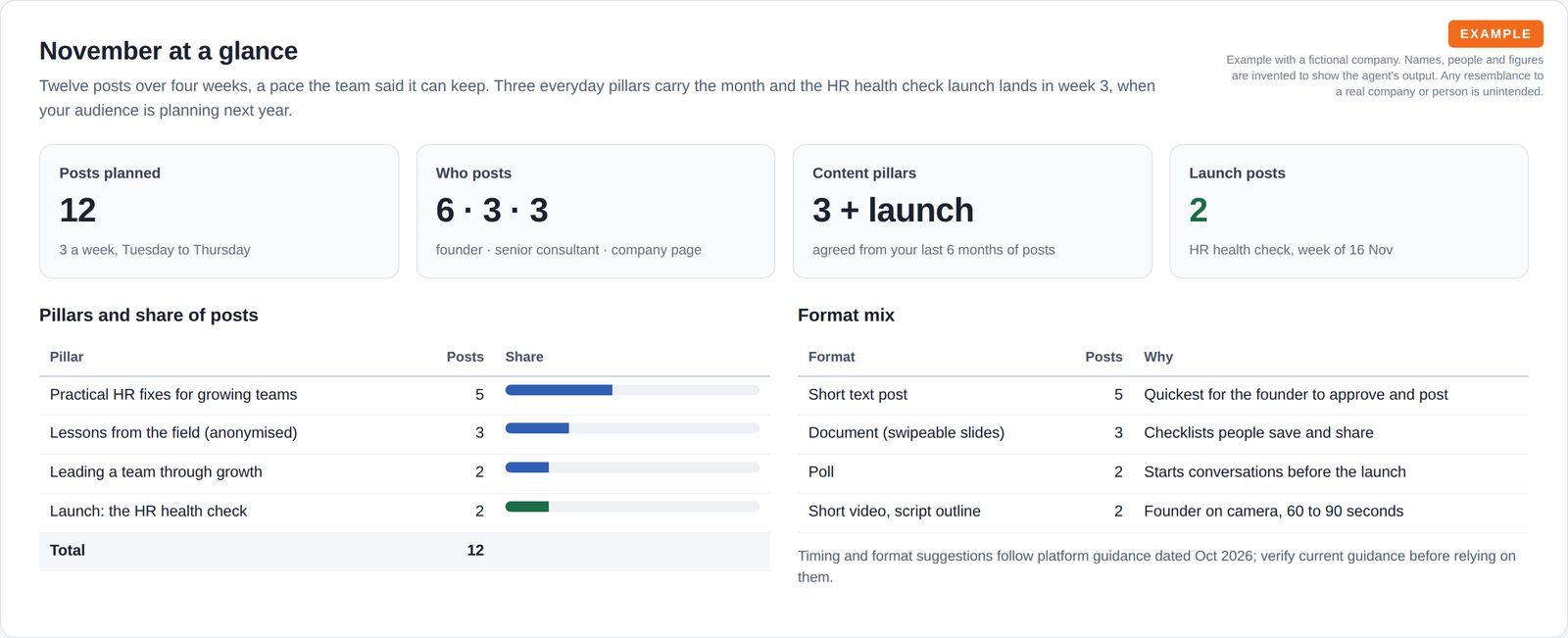 Four summary tiles for posts planned, people posting, content pillars and the launch, with bars showing the share of posts in each pillar and a table of the format mix.