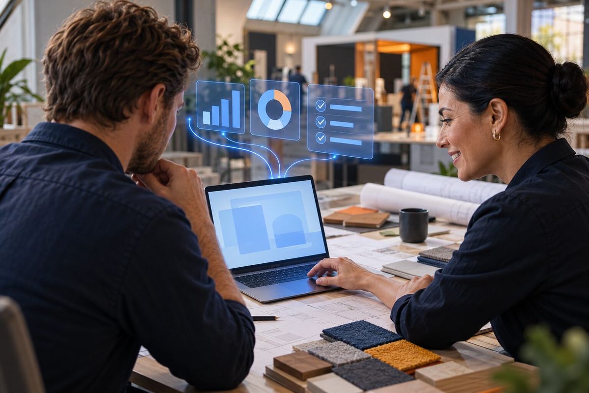 Illustrative photo: Lead Finder: List at work for the owner and account manager of a small trade-show stand builder, laying out results as blue panels above a laptop.