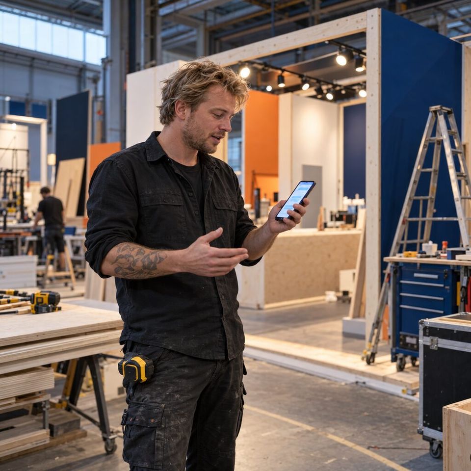 Illustrative photo: the owner of a small trade-show stand builder asks Lead Finder: List for help from their phone.