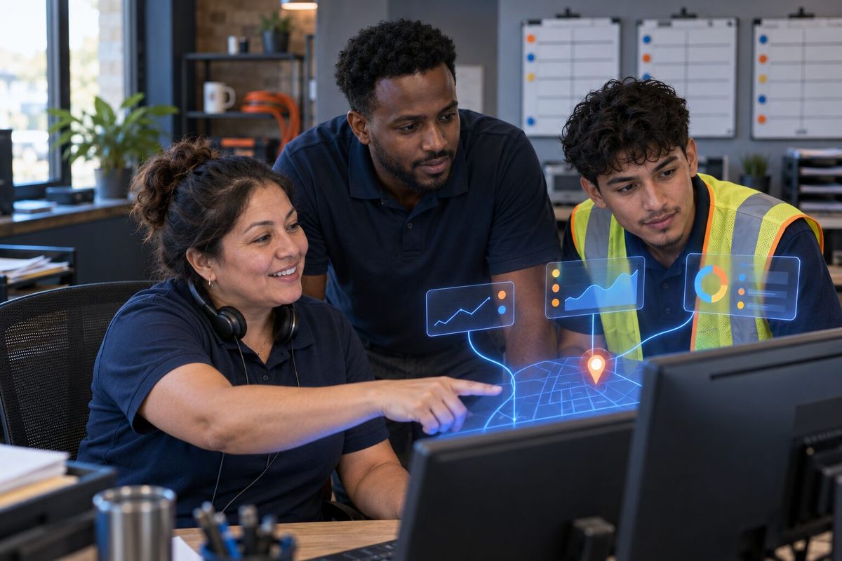 Illustrative photo: the Local SEO Manager at work for the owner, dispatcher and apprentice of a family-run plumbing company, laying out results as blue panels above a monitor.