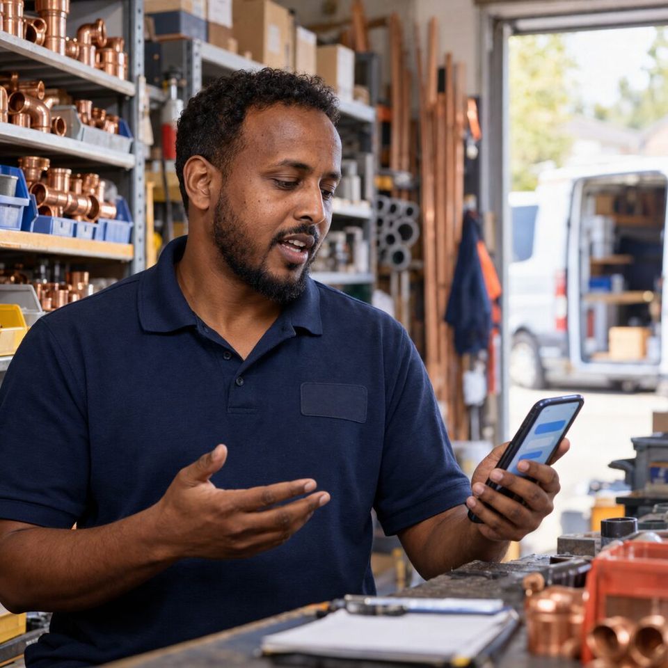 Illustrative photo: the owner of a family-run plumbing company asks the Local SEO Manager for help from their phone.