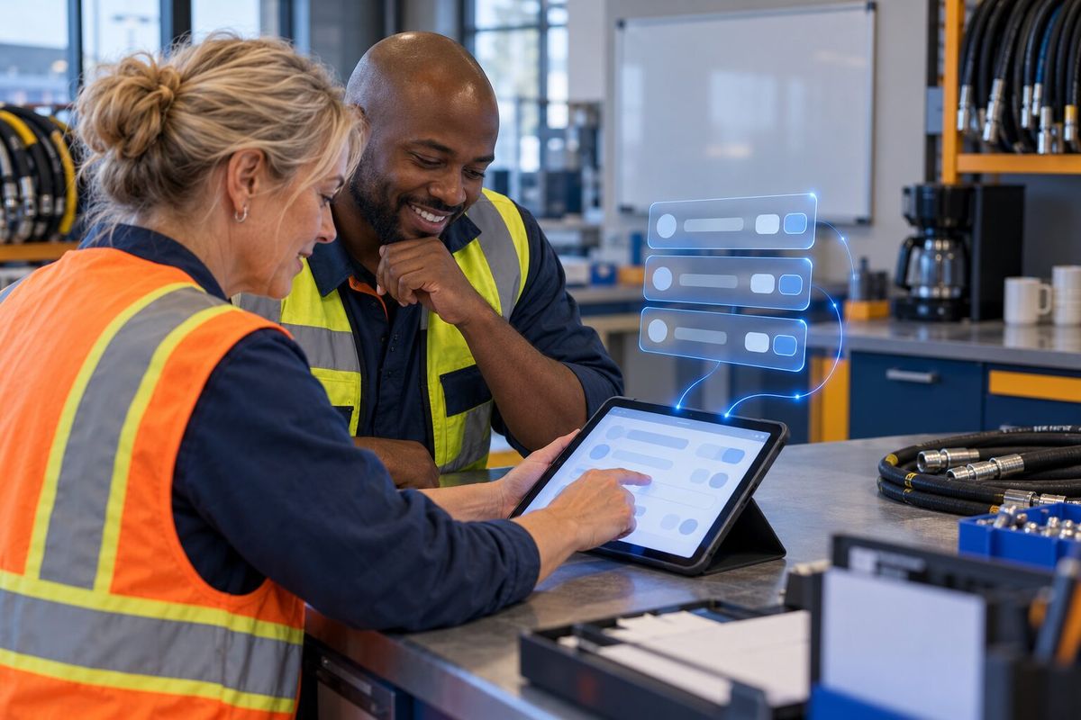 Illustrative photo: Lost Sales & Rep Check-in at work for the sales rep and branch manager of a hydraulic-hose and fittings supplier, laying out results as blue panels above a tablet.
