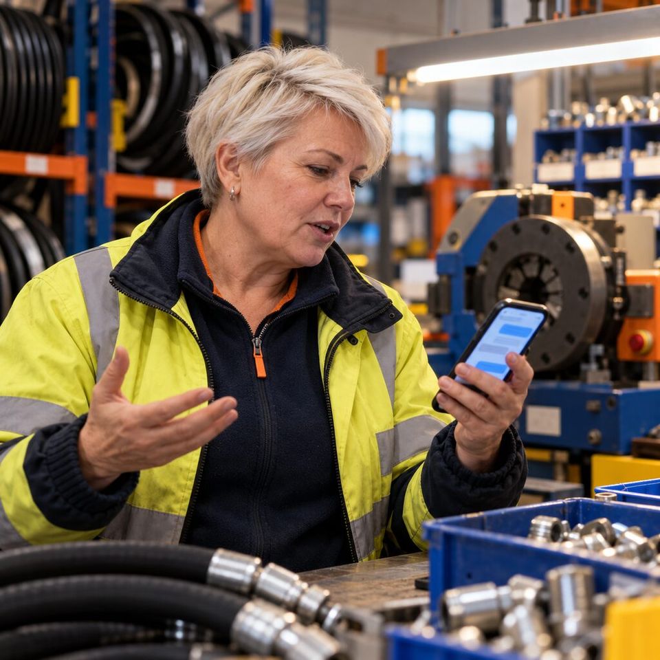 Illustrative photo: a sales rep at a hydraulic-hose and fittings supplier asks Lost Sales & Rep Check-in for help from their phone.