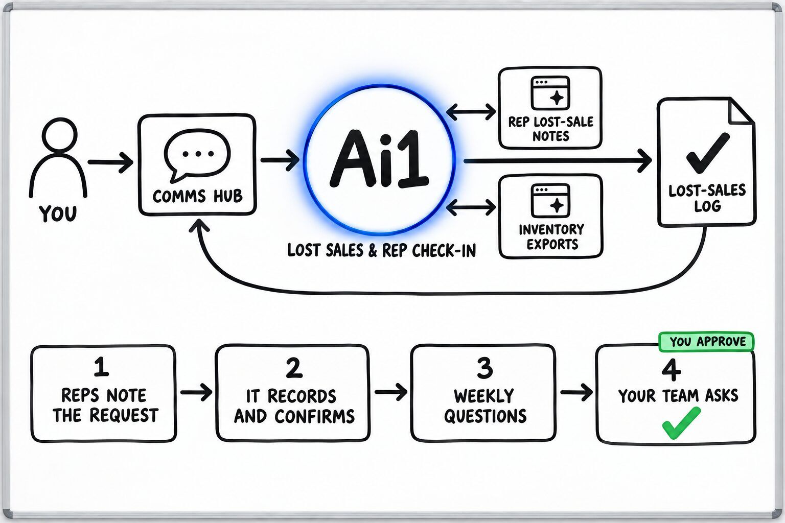 How Lost Sales & Rep Check-in works: you ask through the Comms Hub and Ai1 runs the steps: reps note the request, it records and confirms, weekly questions and your team asks. It works with Rep lost-sale notes and Inventory exports. You approve at: your team asks. It returns a lost-sales log.