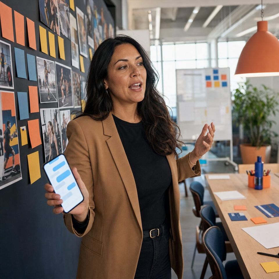 Illustrative photo: the head of marketing at a regional fitness chain asks the Marketing Director for help from their phone.