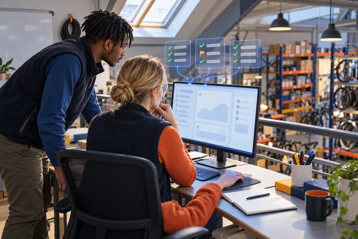 Illustrative photo: the Media Auditor at work for the owner and marketing assistant of an online bicycle-parts shop, laying out results as blue panels above a monitor.