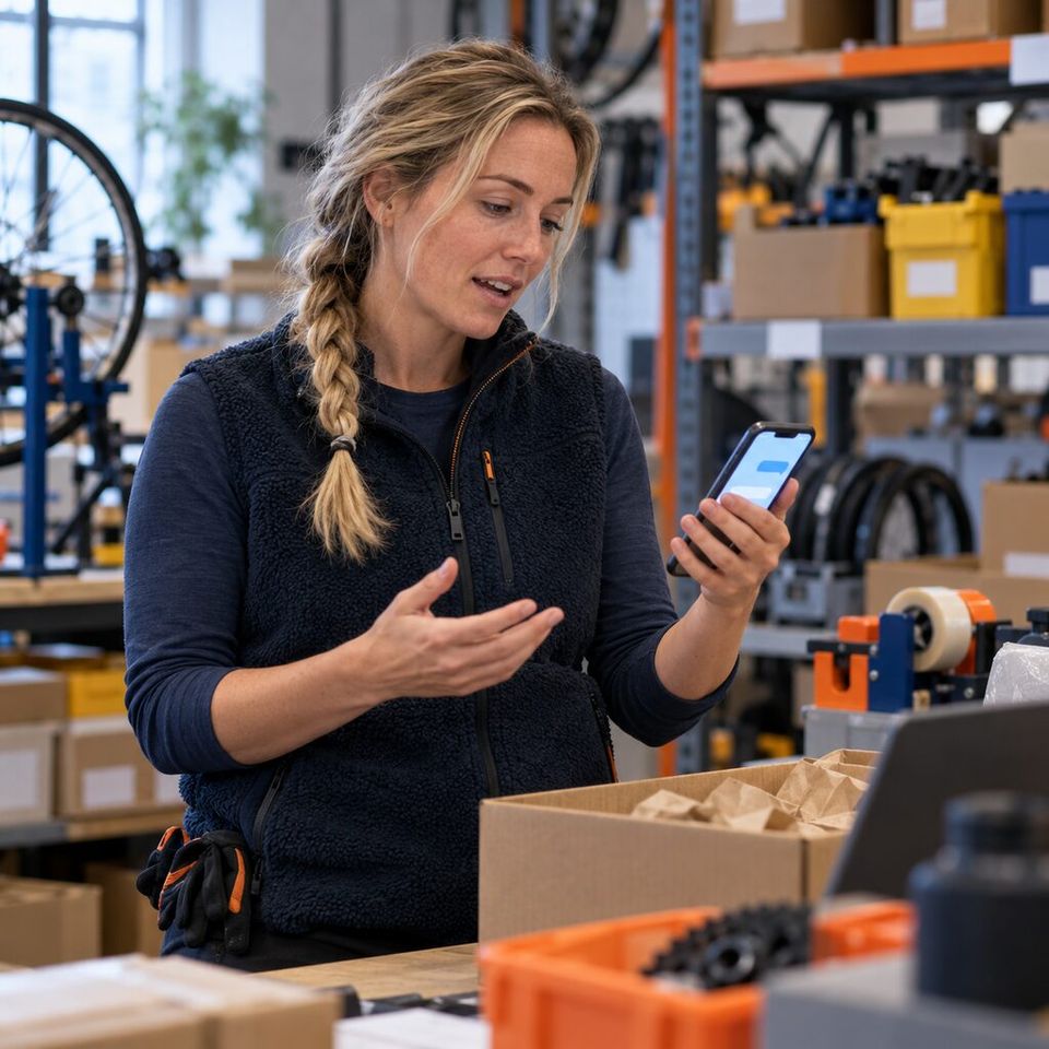Illustrative photo: the owner of an online bicycle-parts shop asks the Media Auditor for help from their phone.
