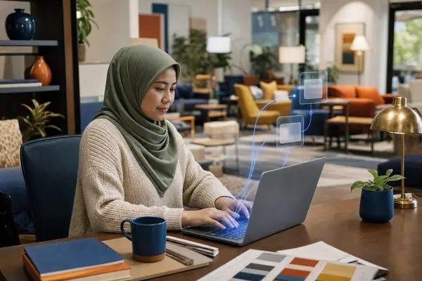 Illustrative photo: the Media Buyer at work for an independent furniture showroom, with the monthly results laid out as blue panels above a laptop.