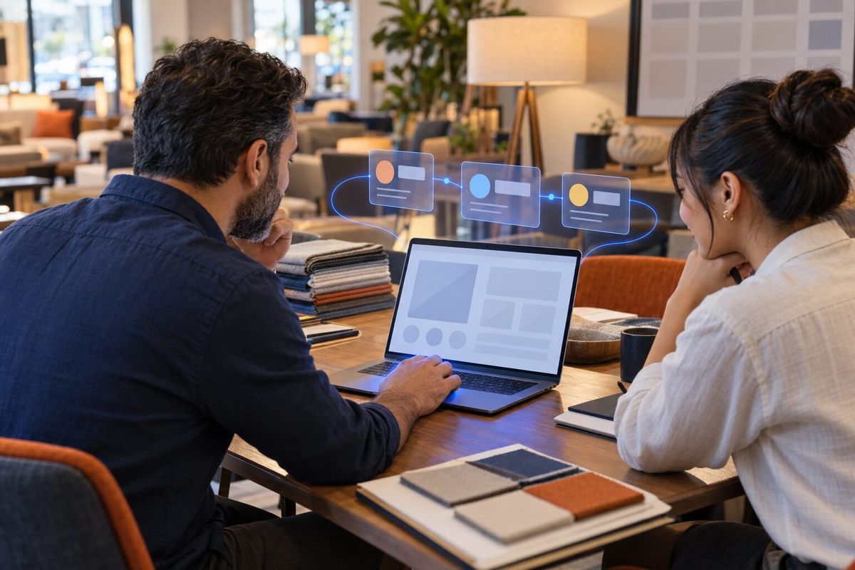 Illustrative photo: the Media Buying Director at work for the owner and marketing coordinator of a family-run furniture retailer, laying out results as blue panels above a laptop.