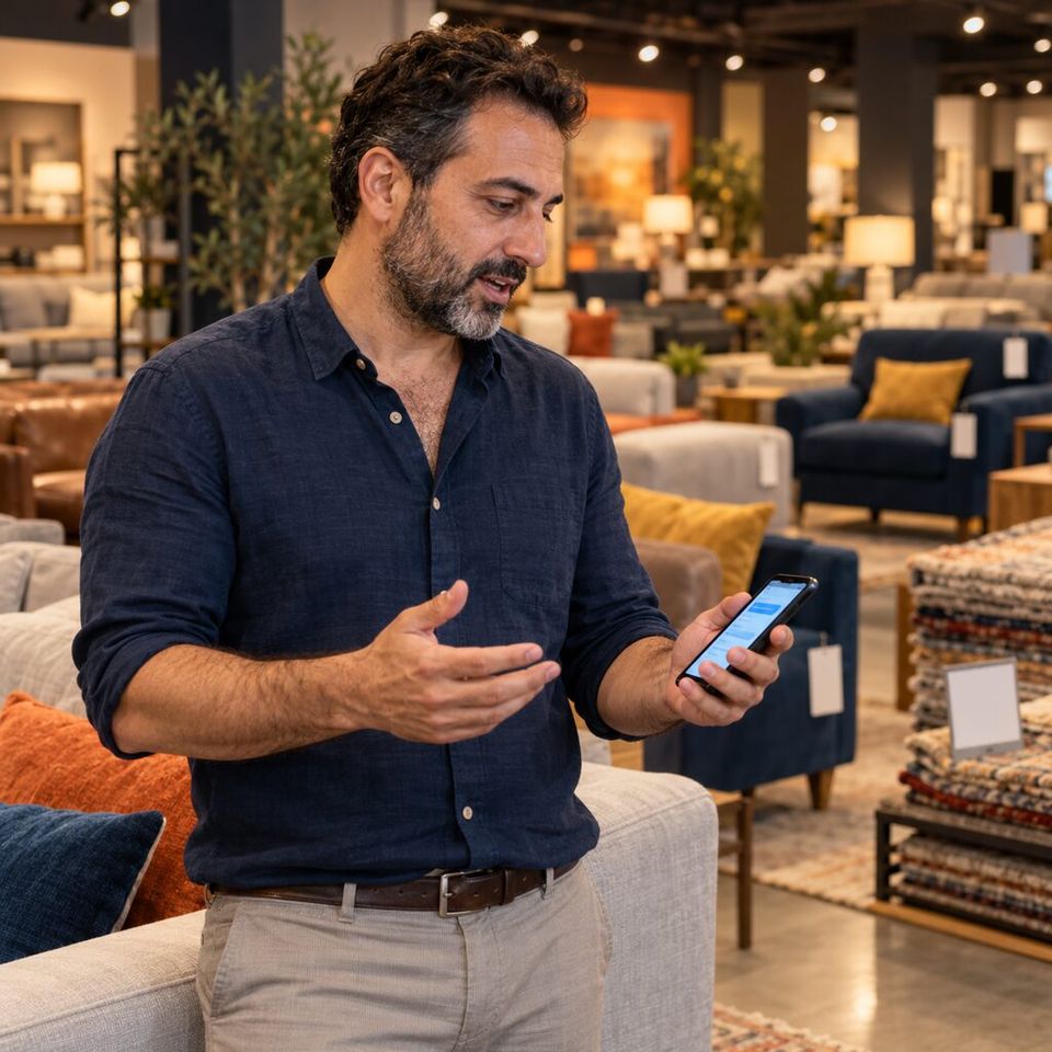 Illustrative photo: the owner of a family-run furniture retailer asks the Media Buying Director for help from their phone.