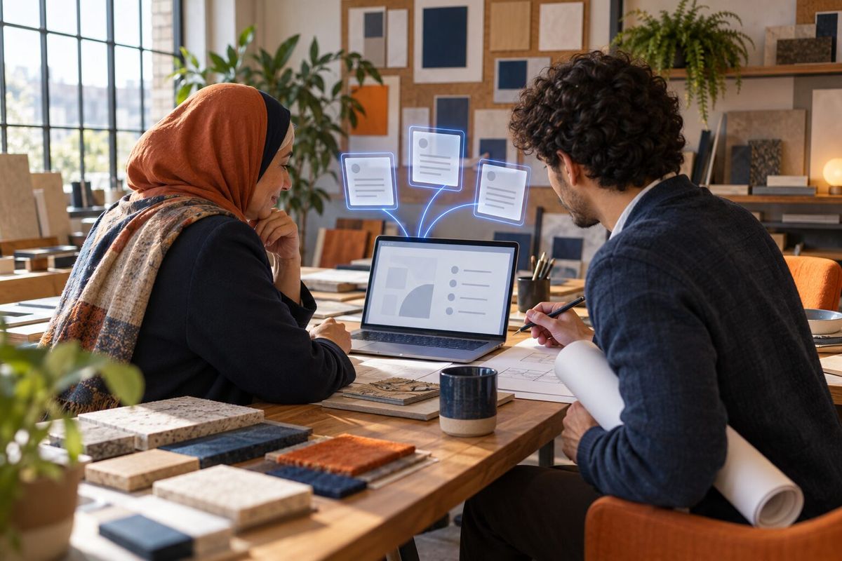 Illustrative photo: the Meeting Notetaker at work for the founder and a designer of a small interior-design studio, laying out results as blue panels above a laptop.
