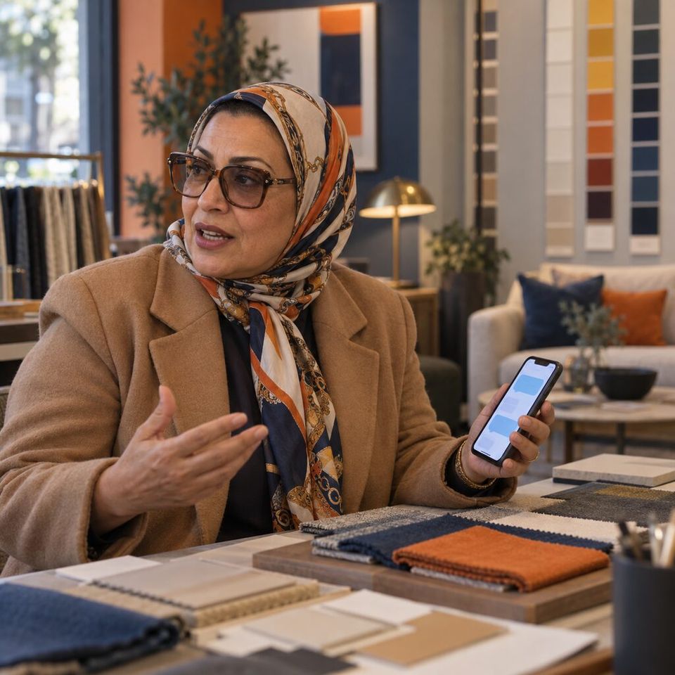 Illustrative photo: the founder of a small interior-design studio asks the Meeting Notetaker for help from their phone.