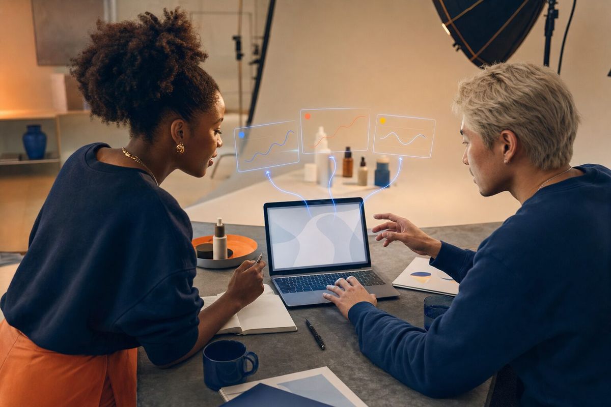 Illustrative photo: the Meta Ads Agent at work for the founder and creator planning next week's Facebook and Instagram ads, laying out results as blue panels above a laptop.