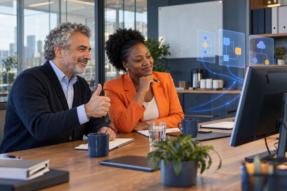 Illustrative photo: the Microsoft 365 Admin at work for the managing partner and practice manager of a small accountancy firm, laying out results as blue panels above a monitor.