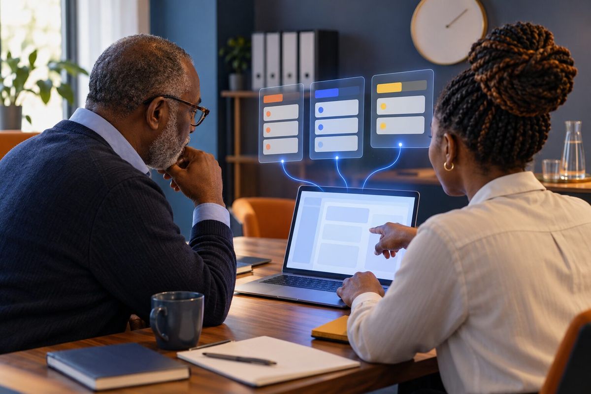 Illustrative photo: the Microsoft Ads Manager at work for the owner and marketing lead of a family-run home-insurance brokerage, laying out results as blue panels above a laptop.