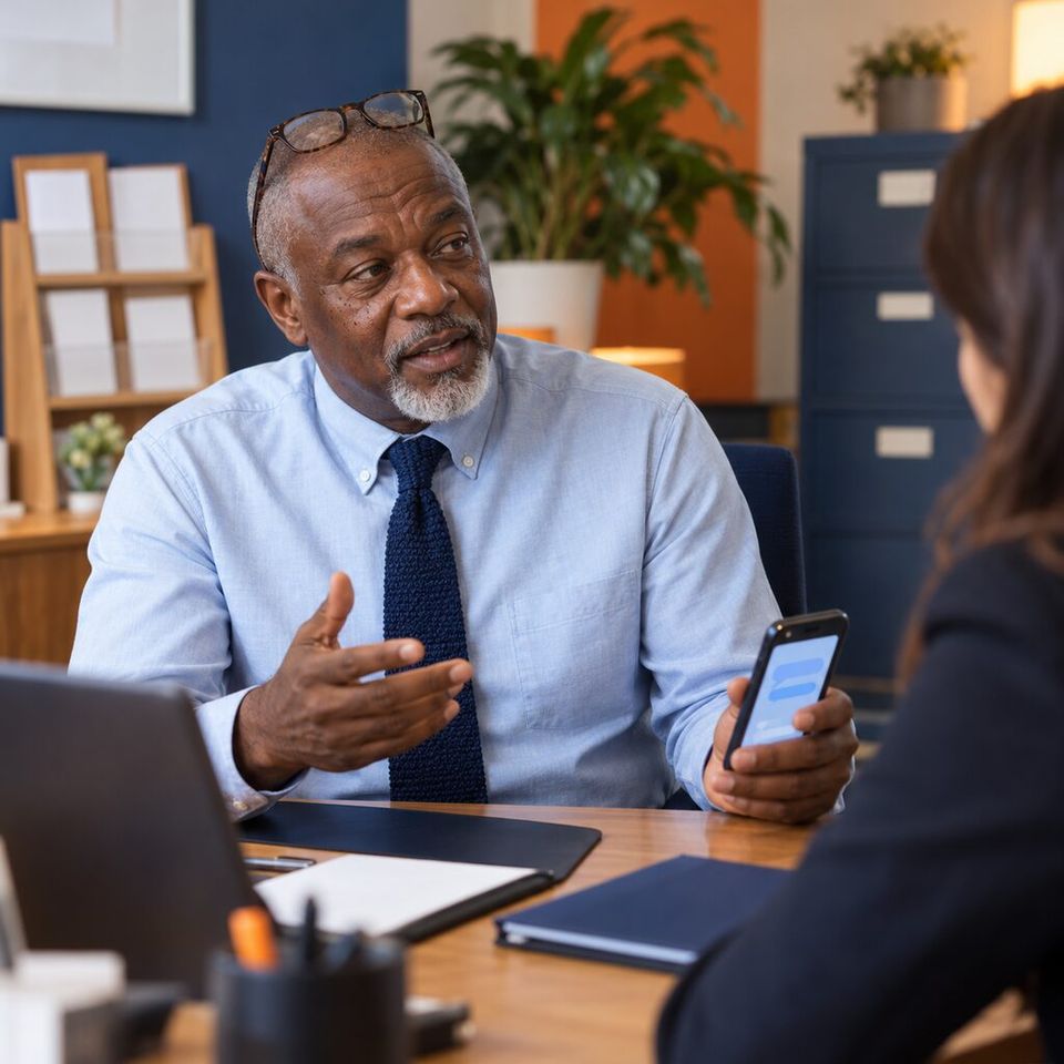 Illustrative photo: the owner of a family-run home-insurance brokerage asks the Microsoft Ads Manager for help from their phone.