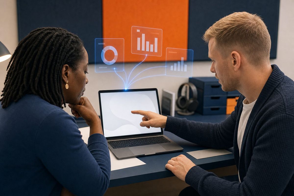 Illustrative photo: the AI Model Benchmark at work for the owner and quality reviewer of a small legal-transcription service, laying out results as blue panels above a laptop.