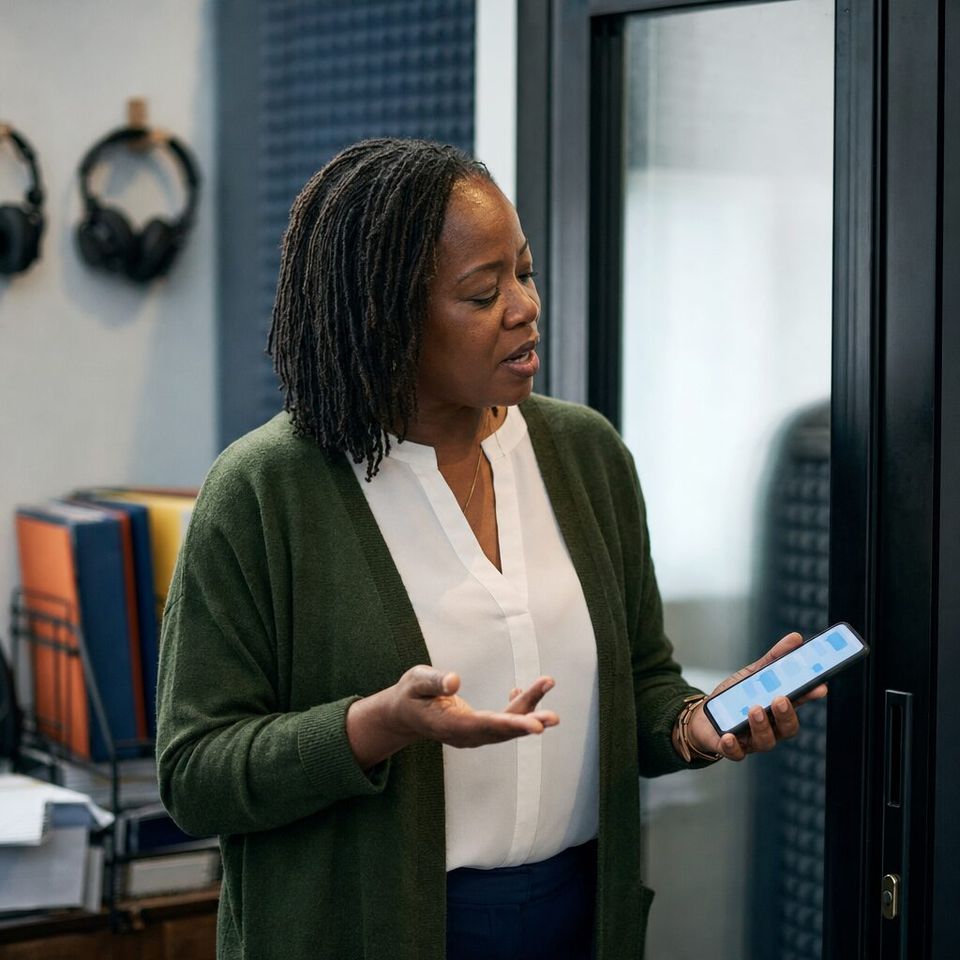 Illustrative photo: the owner of a small legal-transcription service asks the AI Model Benchmark for help from their phone.