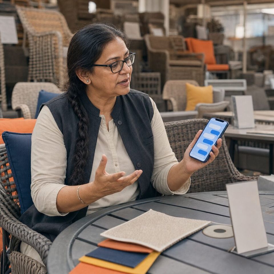 Illustrative photo: the owner of a mid-size outdoor-furniture wholesaler asks the NetSuite Expert for help from their phone.