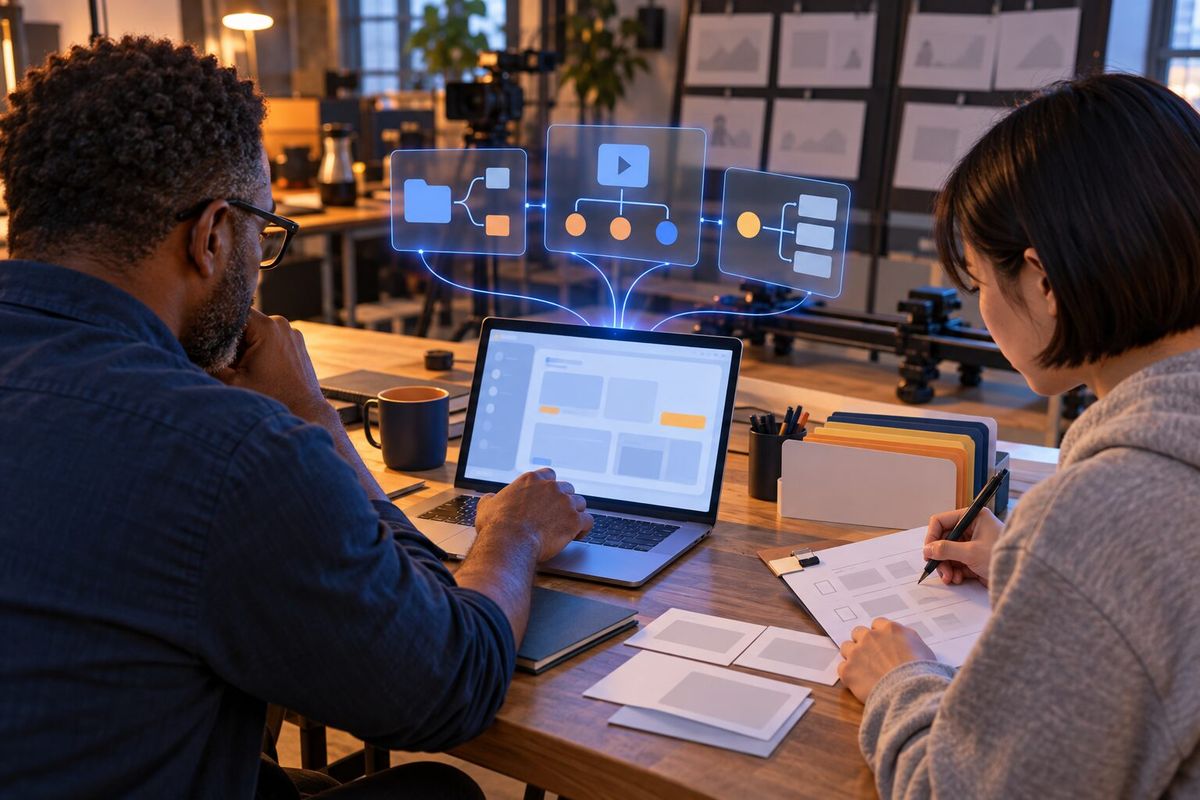 Illustrative photo: New Client Setup at work for the owner of a small video production company and his producer, laying out results as blue panels above a laptop.