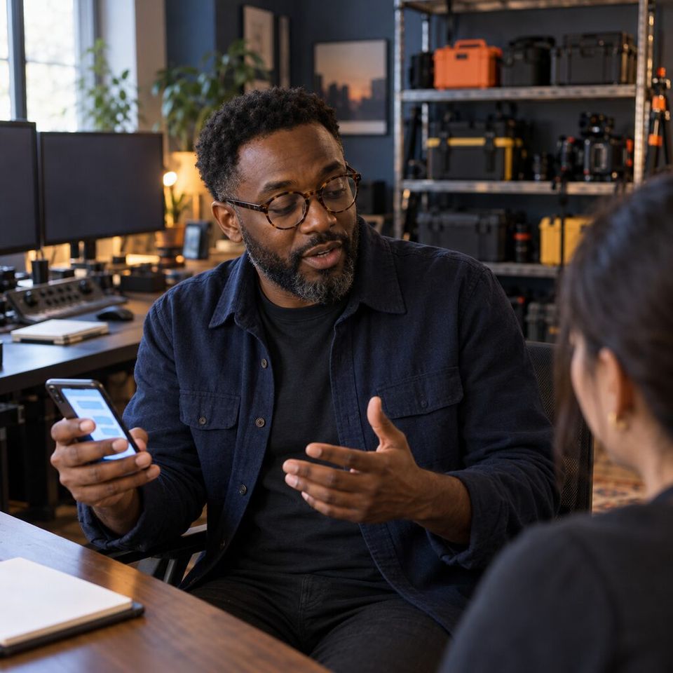 Illustrative photo: the owner of a small video production company asks New Client Setup for help from their phone.