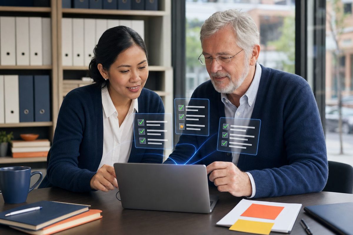 Illustrative photo: the Onboarding Agent at work for the operations manager and owner getting their new platform running, laying out results as blue panels above a laptop.